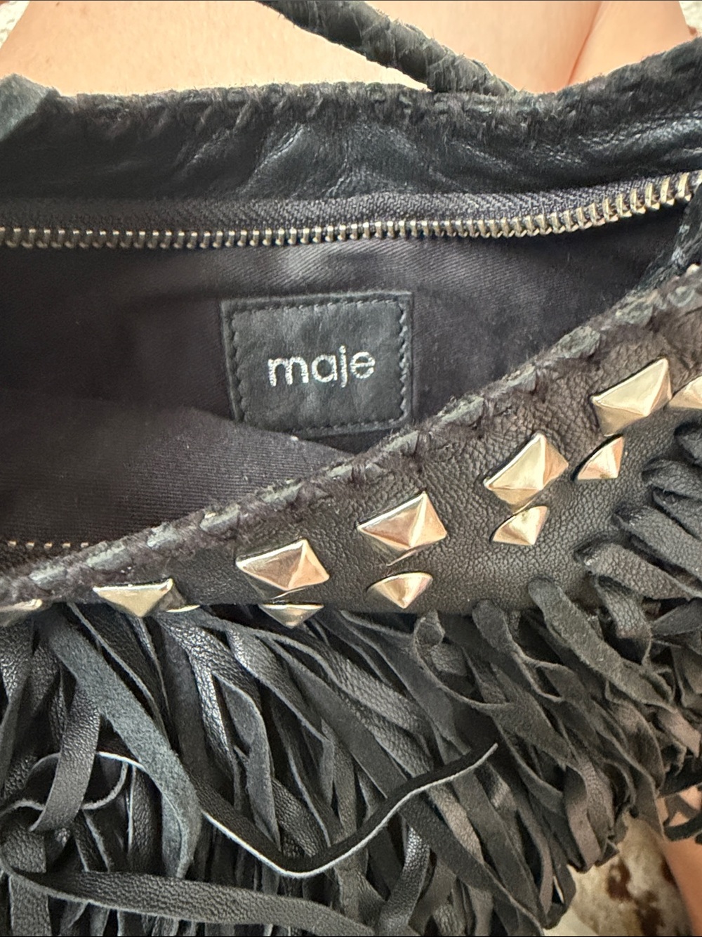 Maje Black Fringe Shoulder Bag with Stud Detailing - Picture 2 of 4